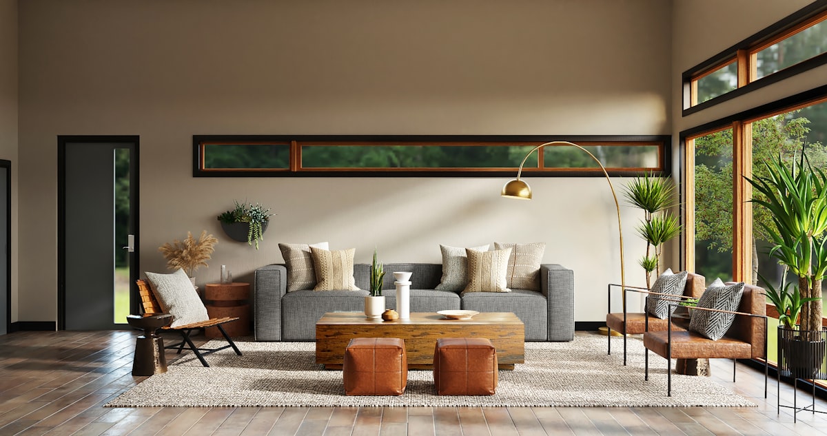 Beautifully lit modern living room with large windows - professional Airbnb listing photography