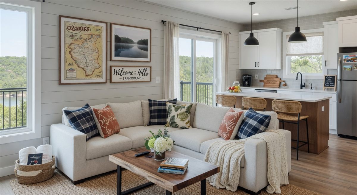 Beautiful clean modern Airbnb living area with welcome sign